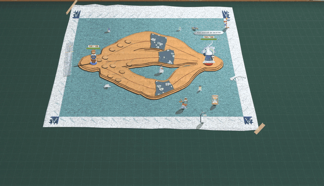 The Avatar of Winter's fight from high above, sped up: paper snowflakes fall on the dark green desk, white scalloped mounds land on the mat and all round it, and they grow and join until the mat and the whole desk are buried in snow hills with the cardboard board standing clear in the middle