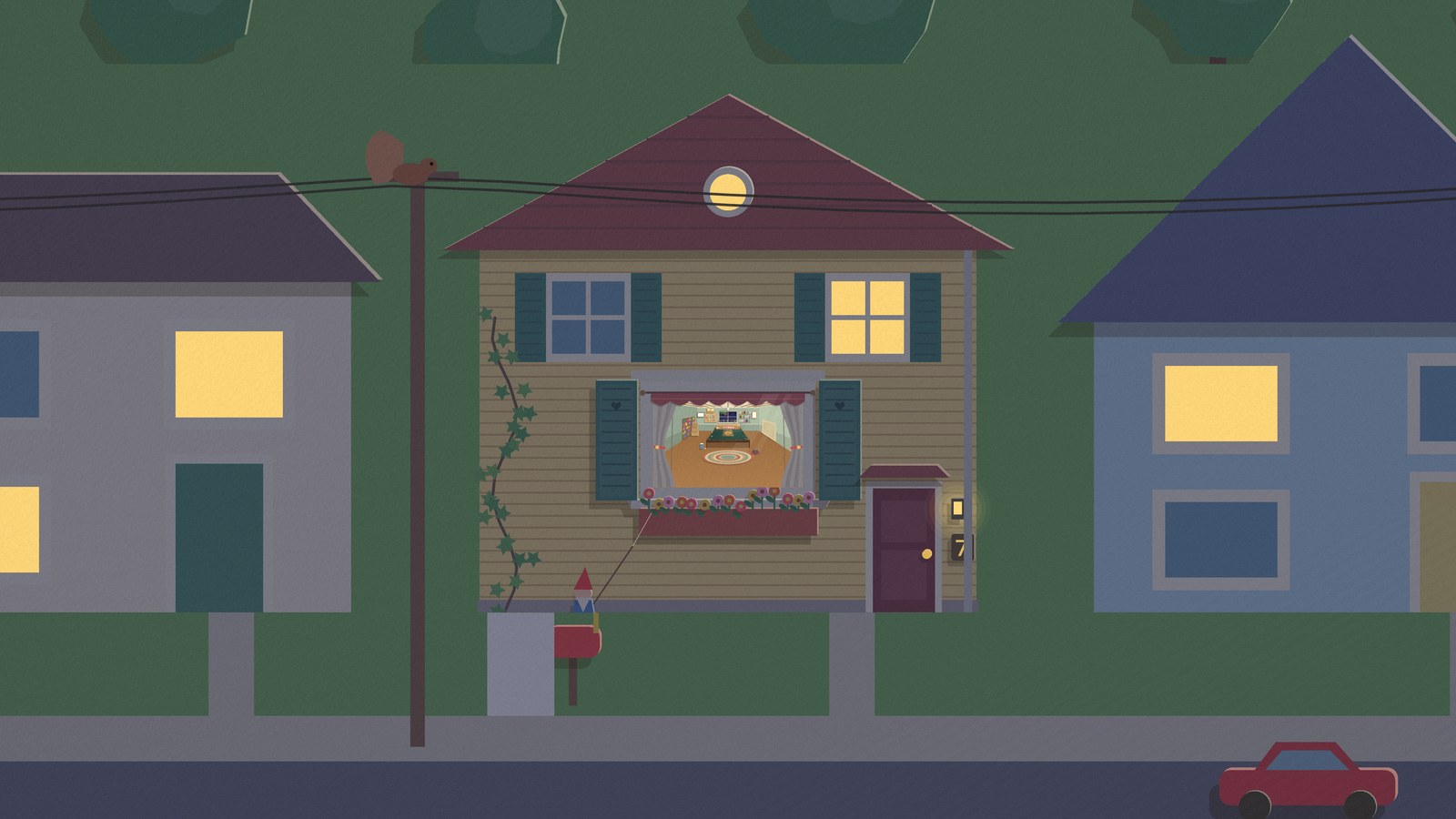 Jim's house at night with the desk lit in the front window, a squirrel on the power line, a gnome by the mailbox and a red car at the kerb