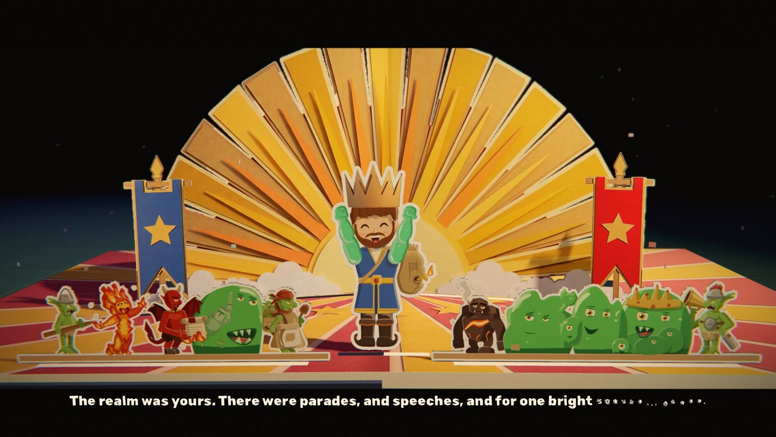 The crowned warlord throws both arms up before a cut-paper sunburst between a blue and a red banner, with pyromancers, a devil, slimes, goblins and a lava golem lined up either side