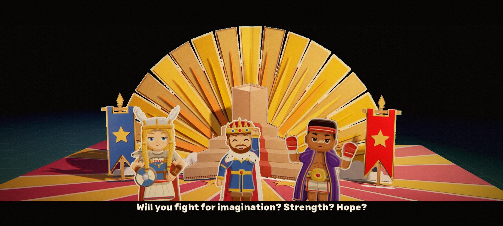 The intro's throne page at a phone's 20:9 shape: a viking, a king and a boxer before a cut-paper sunburst and an empty cardboard throne, captioned "Will you fight for imagination? Strength? Hope?"