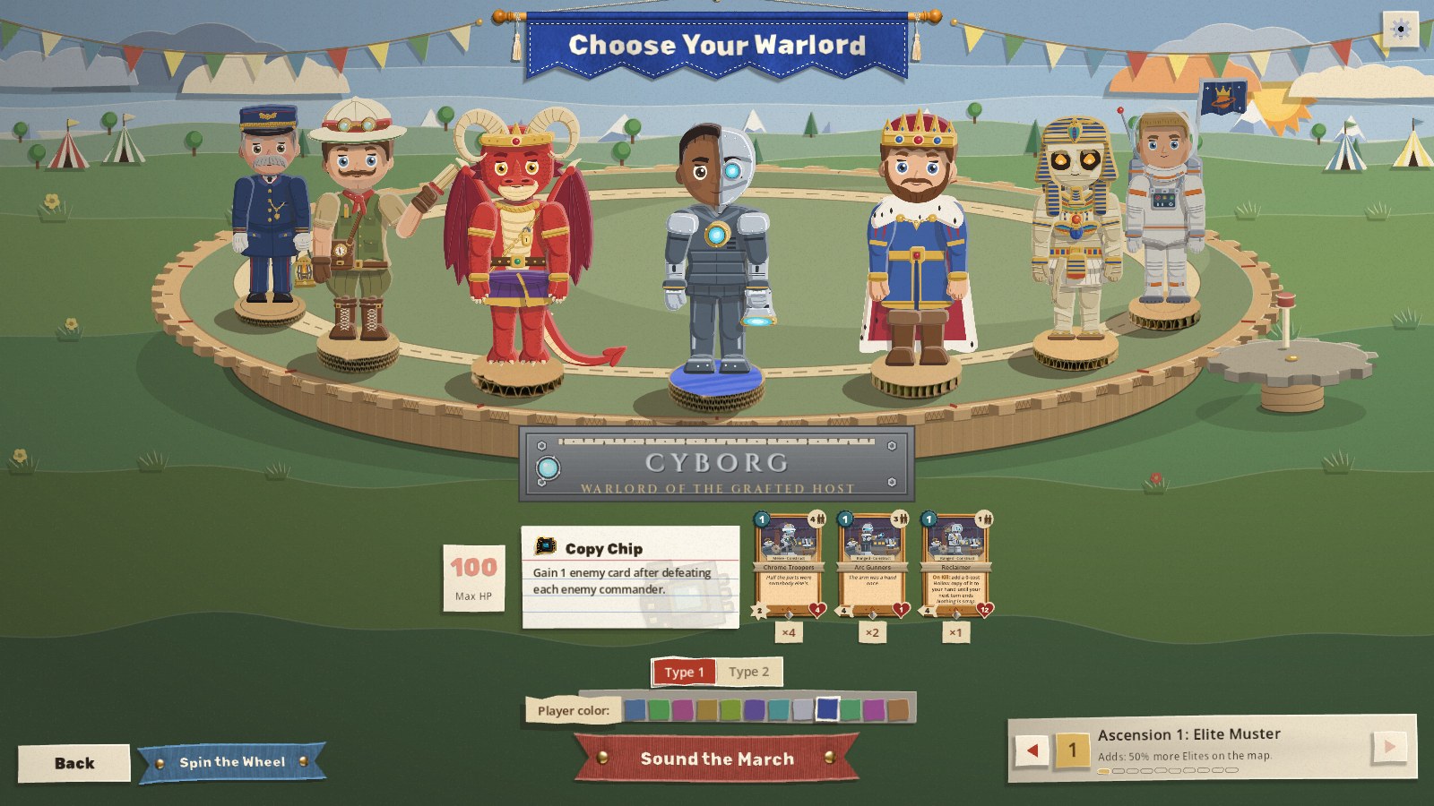 The warlord wheel turned to the Cyborg, with the Train Conductor, Explorer and Dragon to his left and the King, Mummy and Spaceman to his right, and his 100 health, the Copy Chip and his three starter cards below