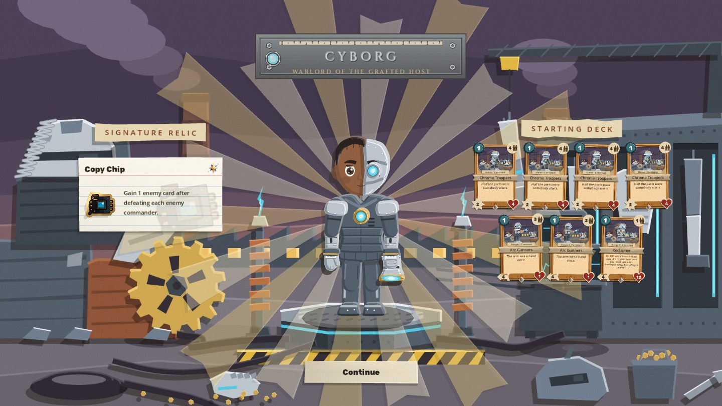 The end of the Cyborg's reveal: he stands on his dais in the scrapyard under his sign, the Copy Chip relic card on the left and his starting deck of Chrome Troopers, Arc Gunners and a Reclaimer on the right