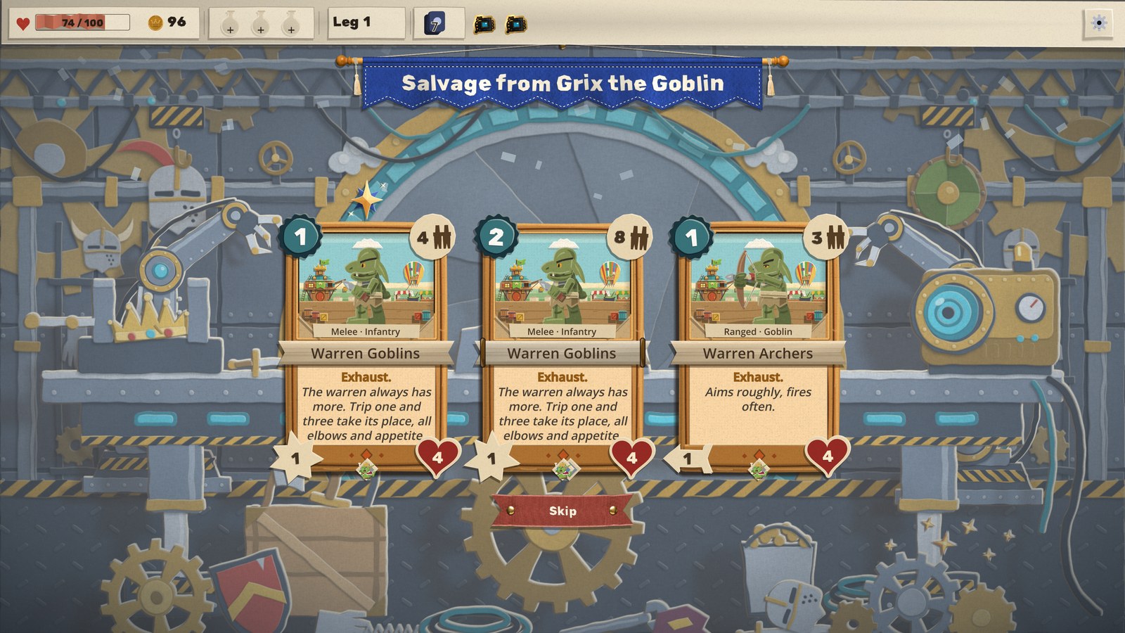 The salvage pick in the Cyborg's salvage bay, a robot-arm workshop of cut card: three of Grix the Goblin's own cards, Warren Goblins twice and Warren Archers, offered under "Salvage from Grix the Goblin", each marked Exhaust