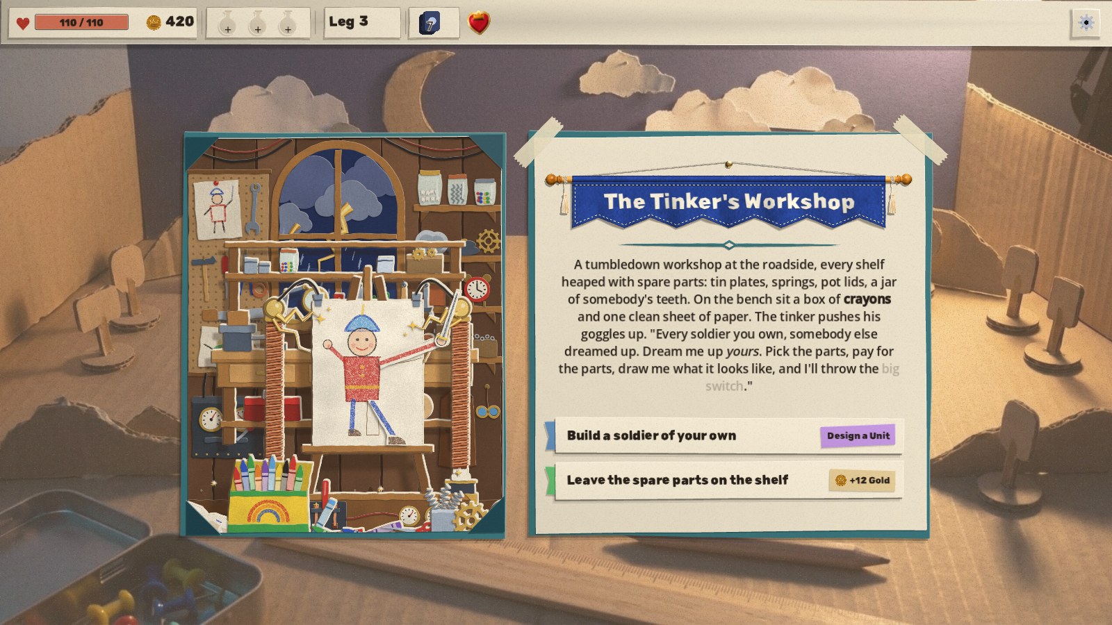 The Tinker's Workshop event page: a stormy-night workshop cut from paper, with a crayon soldier on the easel between two copper coil towers, the bench and a box of crayons, beside the event's text and its two choices, Build a soldier of your own and Leave the spare parts on the shelf