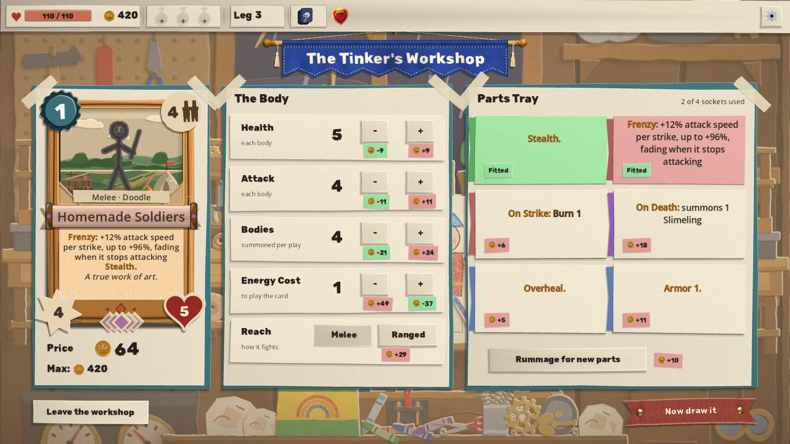 The bench after tinkering: the card, still a pencil stick figure, priced at 64 gold out of 420, the Health, Attack, Bodies, Energy and reach dials each with its gold cost, and the Parts Tray with Stealth and Frenzy fitted and four more to choose from