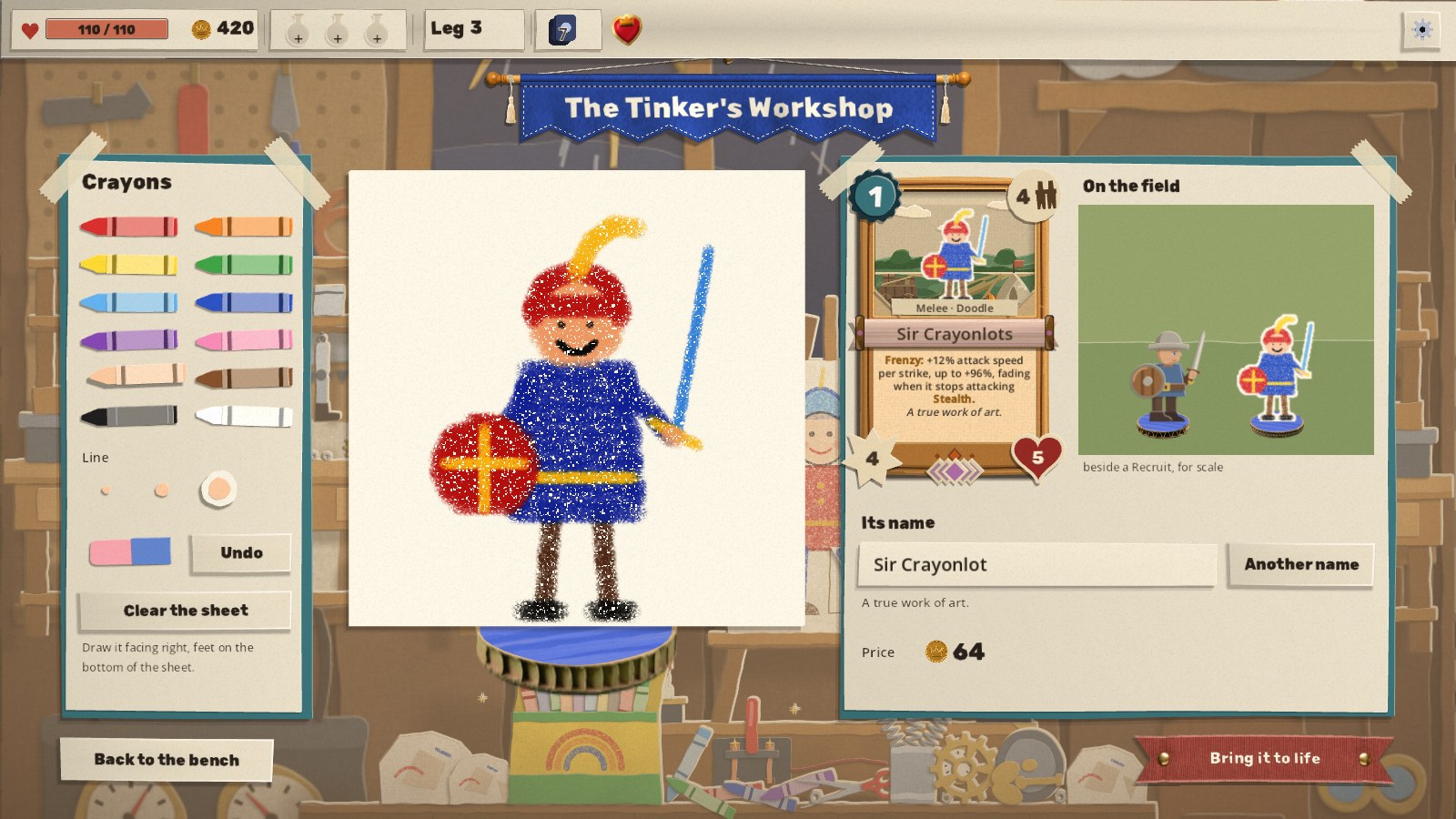 The drawing desk with the finished crayon knight: the box of crayons, the line widths and eraser, the sheet, the card wearing the drawing, the knight standing on the field preview beside a Recruit for scale, and the name Sir Crayonlot