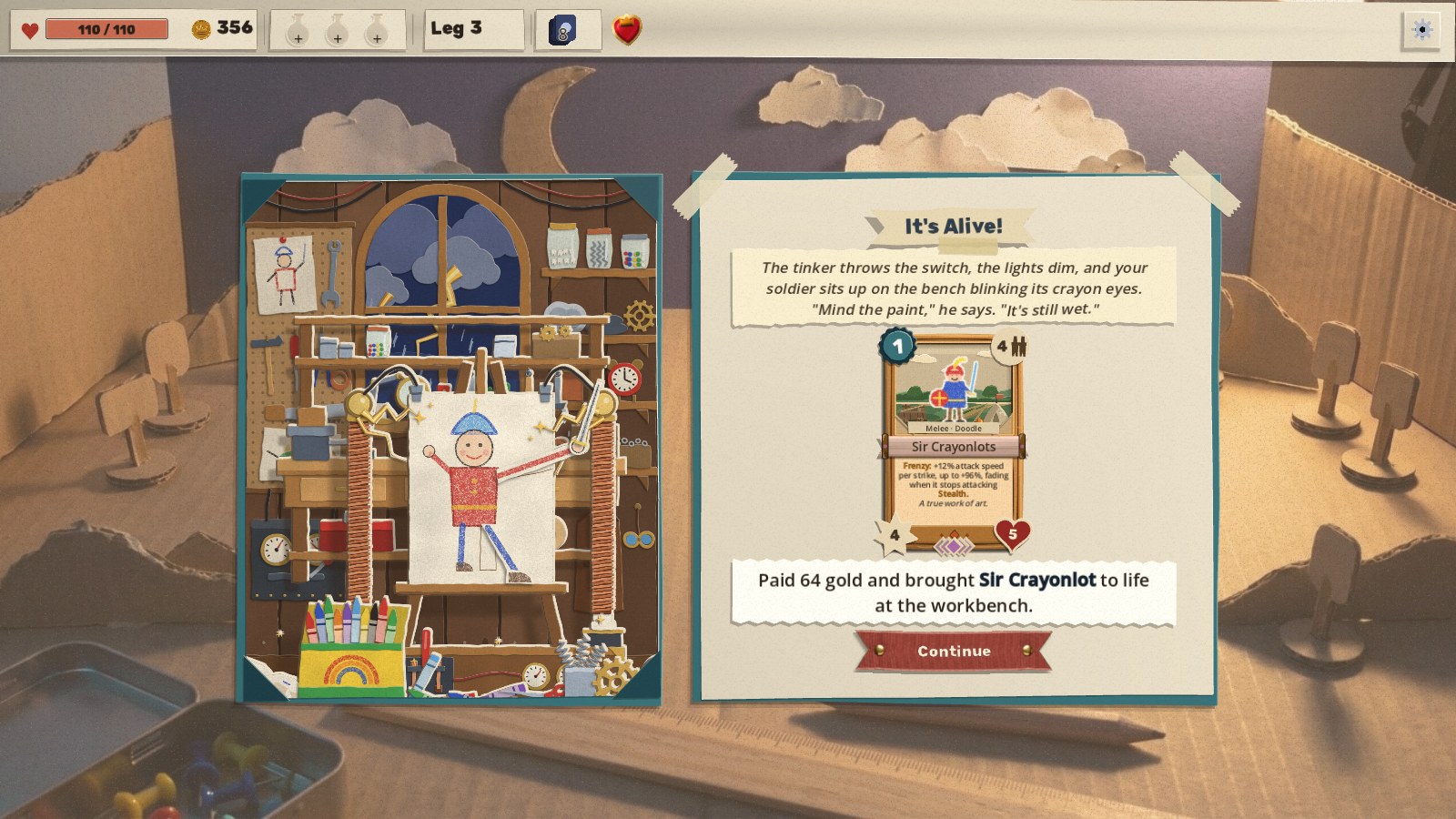 The outcome page, It's Alive!, with the new Sir Crayonlots card and the line "Paid 64 gold and brought Sir Crayonlot to life at the workbench."