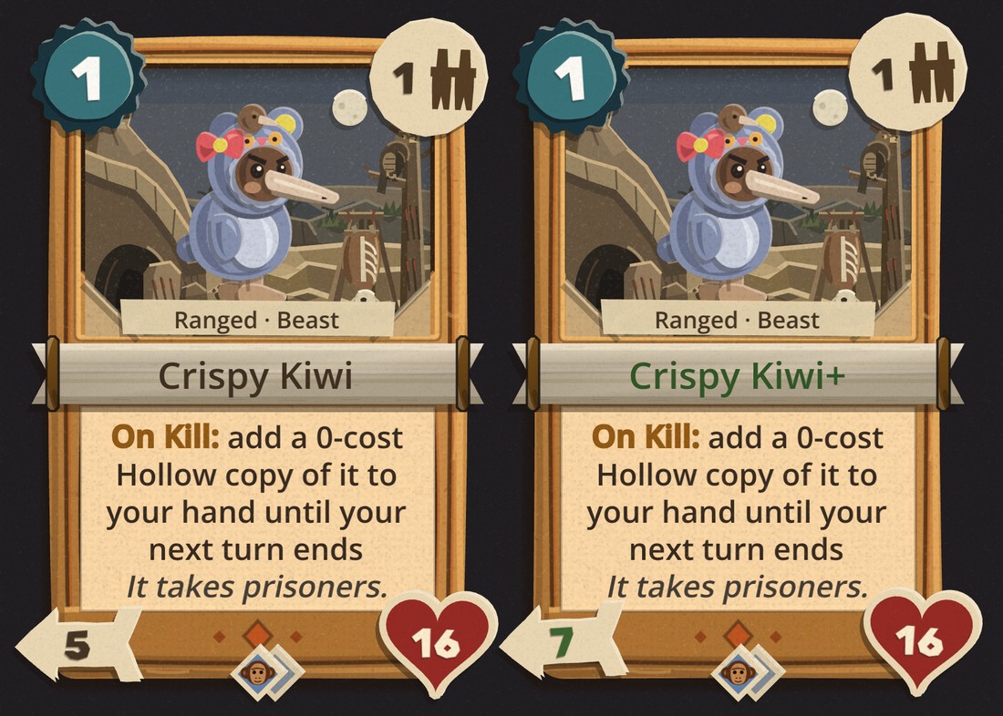 The Crispy Kiwi card and its upgrade, a kiwi in a blue bear-suit hood with a bow: 1 energy, ranged beast, 5 attack (7 upgraded), 16 health, "On Kill: add a 0-cost Hollow copy of it to your hand until your next turn ends. It takes prisoners."