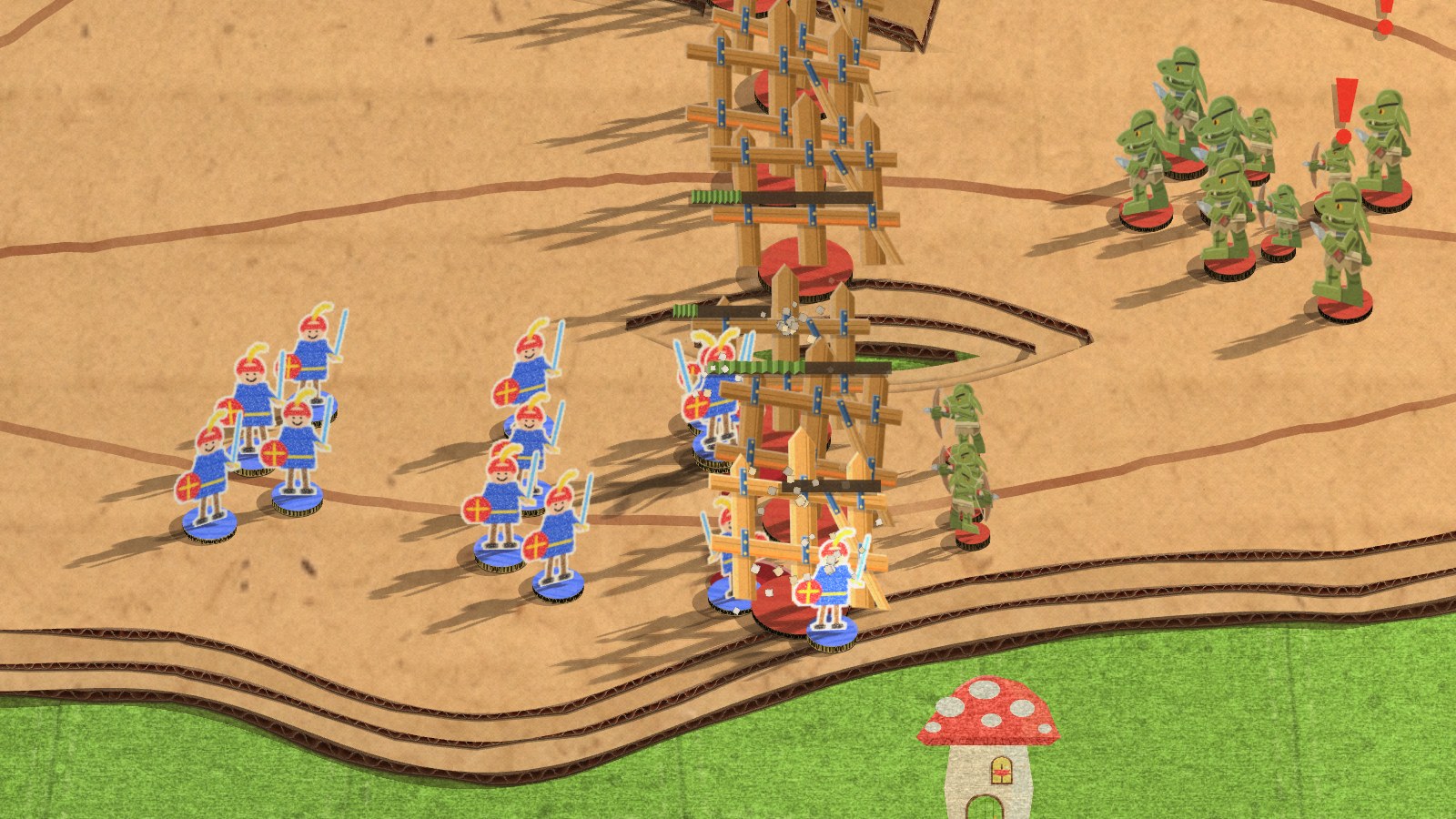 Squads of the crayon knights in a real fight against Grix the Goblin, marching on a barricade with his goblins waiting on the far side
