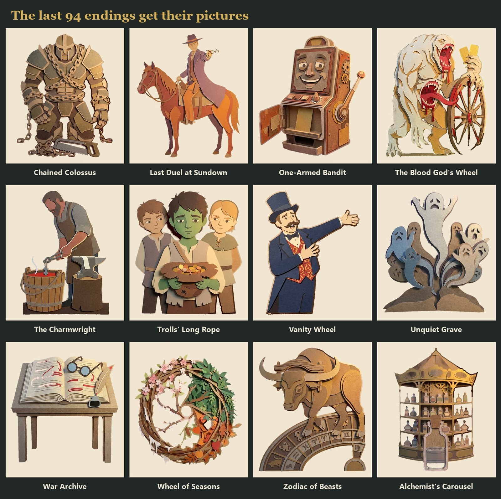 Twelve of the 94 new event result pictures in a grid, each a cut-paper figure: the Chained Colossus with a saw at his feet, the duelist riding off from the Last Duel at Sundown, a grinning One-Armed Bandit, the Blood God's two-mouthed beast at its wheel, the Charmwright quenching a charm in a bucket of blood, three young trolls holding out a pot of coins, the Vanity Wheel's showman, ghosts rising from the Unquiet Grave, the War Archive's annotated book, the Wheel of Seasons, the Zodiac of Beasts' ox, and the Alchemist's Carousel