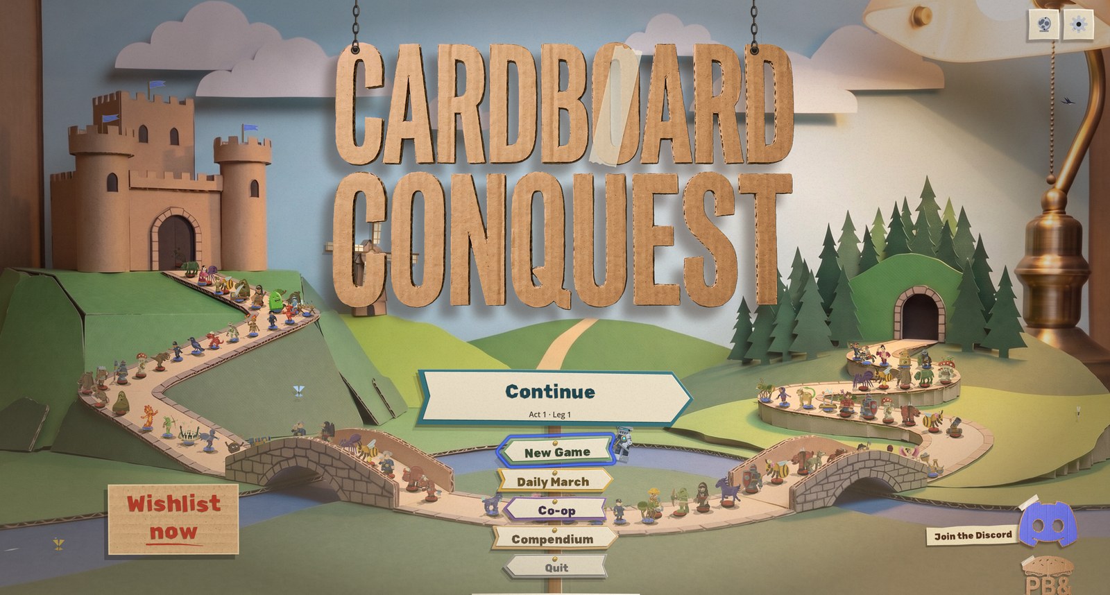 The title screen's menu is a signpost cut from card standing on the road under the Cardboard Conquest wordmark, Continue on the big top board, with a small knight standee on the New Game board and the Join the Discord slip in the corner
