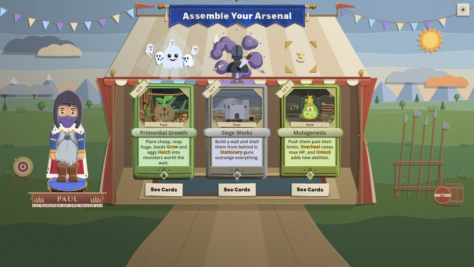 The pack draft in a striped paper pavilion in a meadow: two chosen packs sit in the roof slots, three new pack offers stand under the open front, and the commander waits on his stand at the left