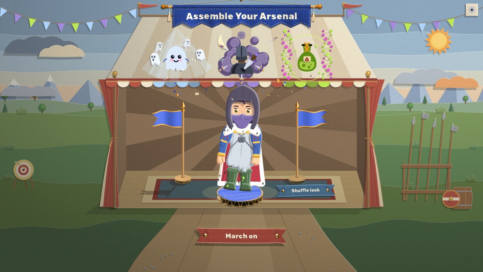 With three packs locked in, a paper sunburst opens behind the commander in the pavilion, between two marching standards flying the player's blue, with March on below