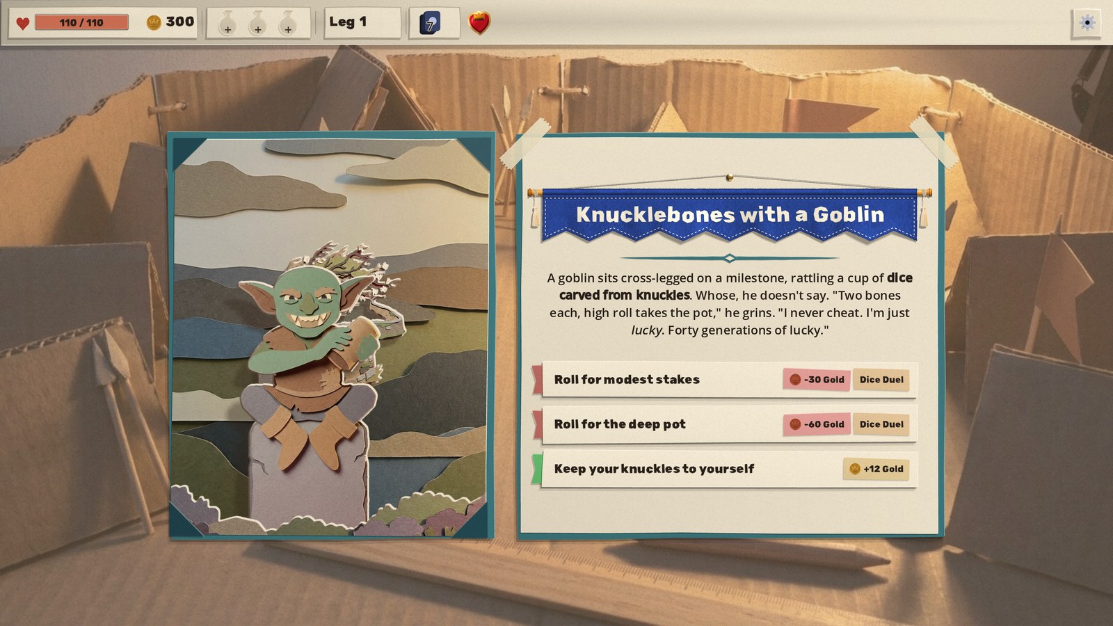 An event page as a taped sheet on the mat beside a cornered cut-paper print: Knucklebones with a Goblin, its story under a blue banner and its three options as tabbed paper slips carrying their costs