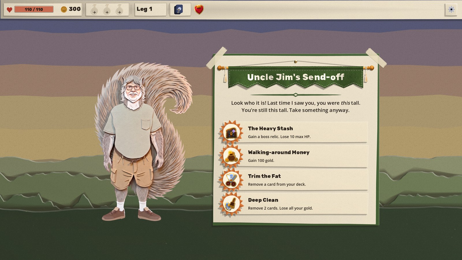 Uncle Jim's Send-off as a taped sheet under a green banner beside papercraft Uncle Jim and his squirrel tail, with his line in pencil and four gifts on slips: The Heavy Stash, Walking-around Money, Trim the Fat and Deep Clean