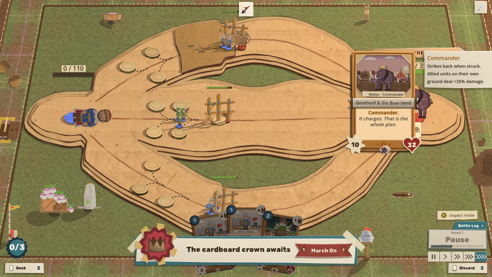 A lost fight: the King lies folded flat on his stand at the left of the road while Gorehoof's card is open on the right, and a taped sheet at the foot of the field reads "The cardboard crown awaits" with a crimson March On ribbon
