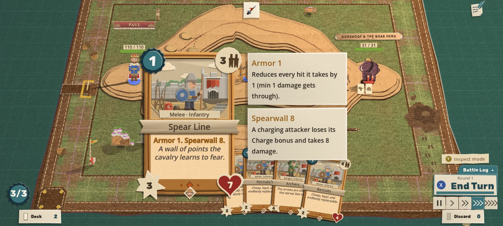 On a phone-shaped screen the hovered Spear Line card lifts to reading size over the field with its Armor 1 and Spearwall 8 notes beside it, and the battle's feedback button in the top corner is a half-written note with its quill