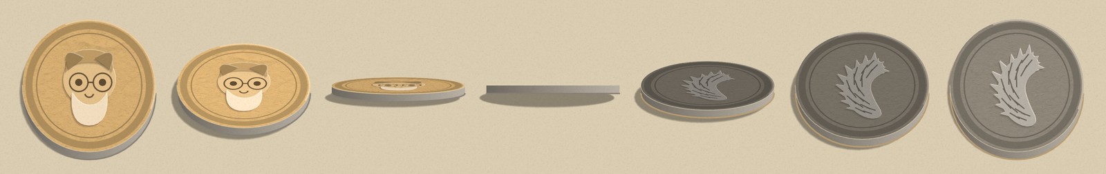 Uncle Jim's coin of fate as a punched chipboard token, tumbling from his gold face side through its edge to the grey squirrel-tail side