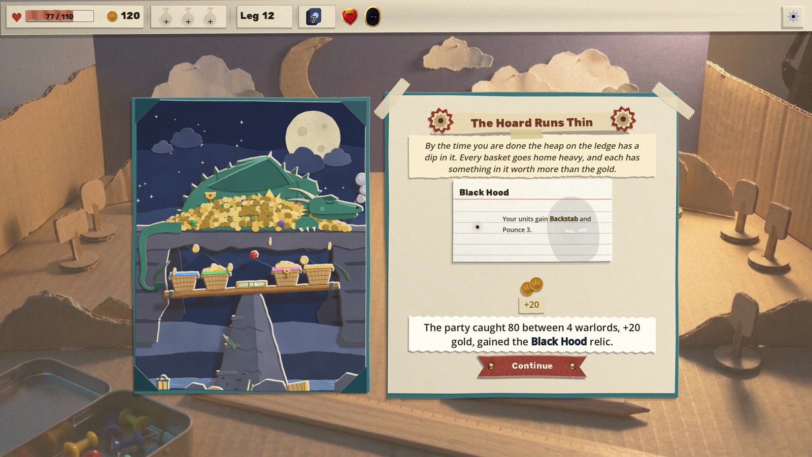 The Sleeping Hoard's result page, The Hoard Runs Thin, with a relic card, 20 gold and the line "The party caught 80 between 4 warlords"