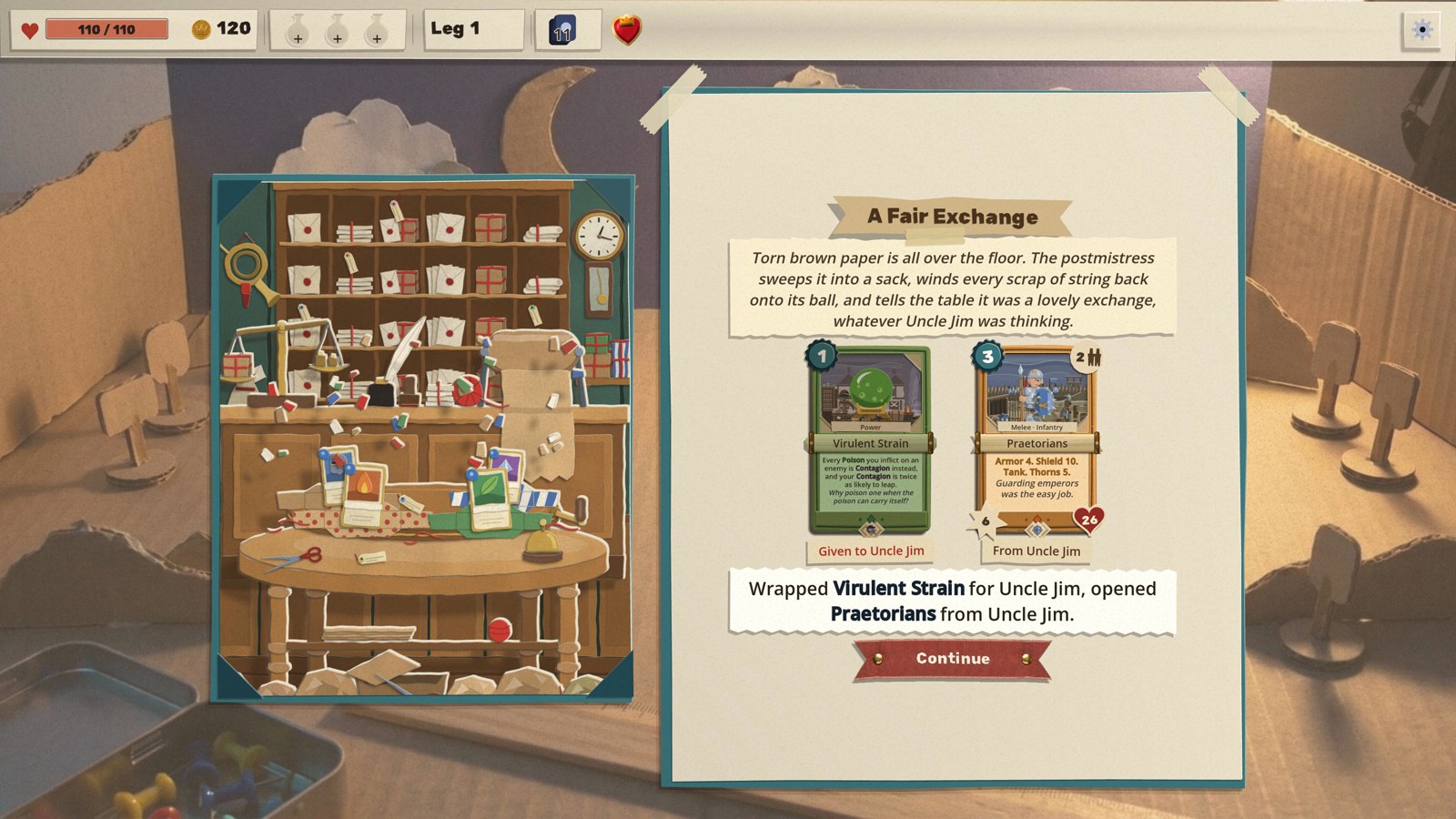 Pass the Parcel's record page, A Fair Exchange, showing the card given to the next seat and the card received from the seat before