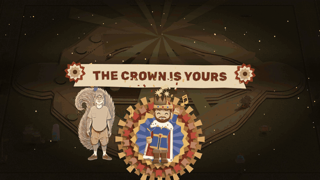 The Crown Is Yours coronation freezes, card pines and clouds slide in around it, it becomes a toy-theatre stage, and the camera pulls out as the theatre folds down into the book