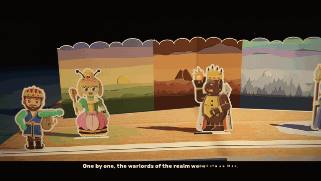On a dusk road the crowned knight walks up to Verdy B. Queen, the Magma Magnate and Rex Mortifer, and each cardboard flat folds down as his name is read
