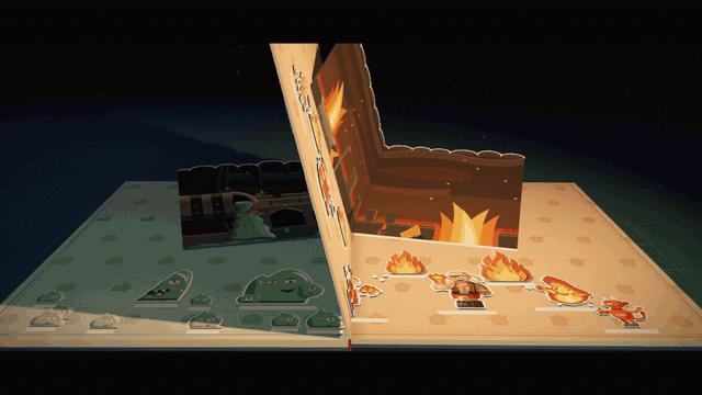 The Pyromancers pop up before a brick oven wall, a fire sprite hops in, and paper flames spring up as the caption reads "The Pyromancers opened a bakery. The bread is magnificent. The bakery has burned down eleven times."