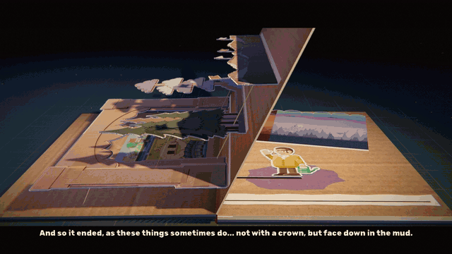 The knight marches up a dusk road to Wally and trades blows, Wally rises on a card strip and drops, and the knight is left folded flat at his feet