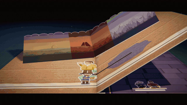 A purple hall with werewolf-face banners: Wally rises on the dais steps wearing the Cardboard Crown, the fallen knight lies printed flat on the carpet, and Wally's people pop up either side
