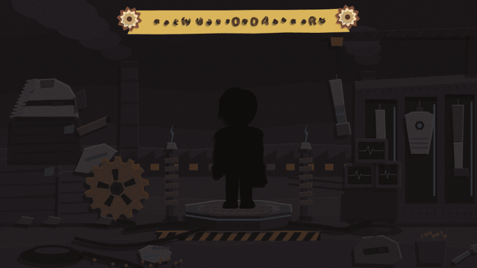 The Cyborg's unlock: a black standee on the dais of his scrapyard stage has its outline traced in light, burns in from black under rays and confetti, his name sign drops in, the Copy Chip card flies out to his left and his seven starting cards are dealt to his right