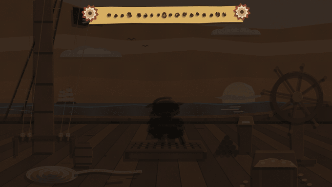 The Pirate's unlock on the deck of her ship at sunset: the dark standee, the traced outline, the burn-in, the sign, Letters of Marque flying out and the starting deck dealt