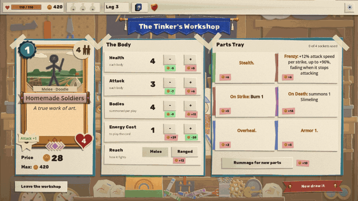 At the bench, Attack and Health are dialled up with gold floating off the price, then two parts from the Parts Tray, Stealth and then Frenzy, fly onto the card as tags