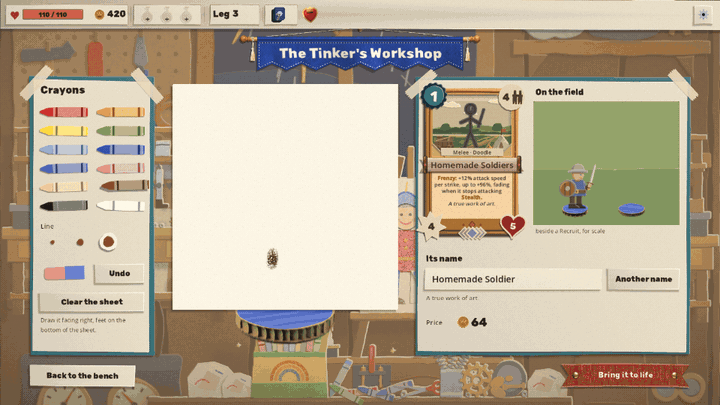 A knight drawn in crayon on the sheet in its disc stand, stroke by stroke: legs, a blue tunic, a peach face, a red helmet, a yellow plume, a sword and a shield, while the card and the On the field preview beside it update with every line
