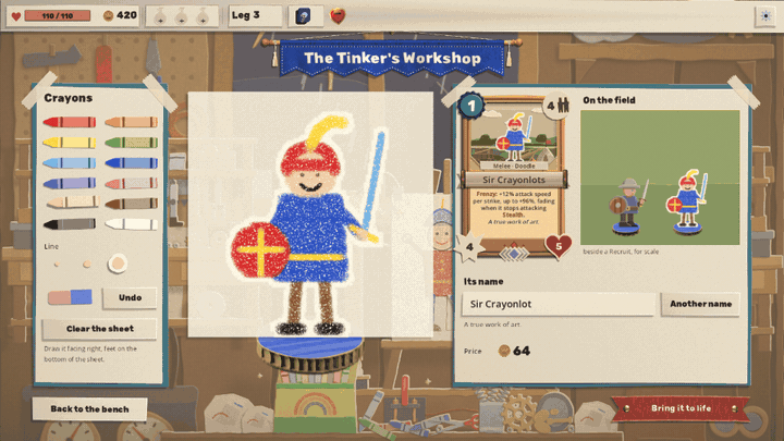 Bring it to life: the crayon knight is cut out of its sheet, says "It's alive!" and hops down off the stand