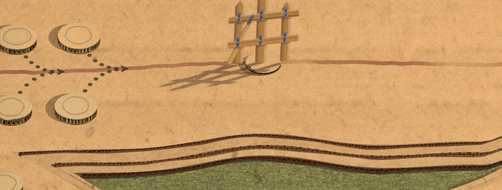 A blue paper ribbon folds open over the road, its cut-paper letters unfold from balls into Your Turn, it gathers up again, and then a red ribbon does the same for Enemy Turn