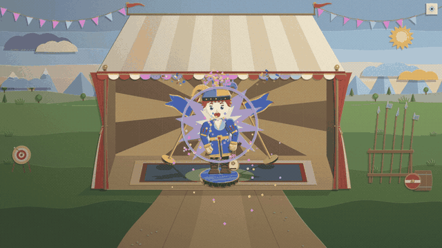 In the paper pavilion the three pack crests strike into the commander with confetti, he charges the camera and presses his outline up through the screen, the camera pulls back to show it is a printed paper banner on two dowels, and he bursts through it onto Uncle Jim's land as Jim walks on