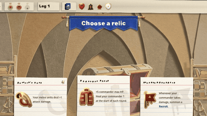 Three relics come up on ruled index cards in the treasure vault, their names unfolding; the Homespun Scarf is picked, its pin is pulled out leaving a hole in the card, and the scarf flies up into the relic bar while the card burns