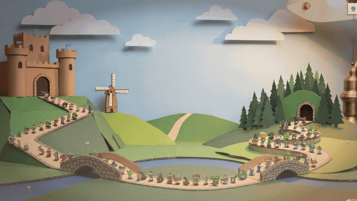 The title screen arrives: the wordmark fades in on its chains and the signpost grows up out of the road board by board, Continue first, then New Game, Daily March, Co-op, Compendium and Quit