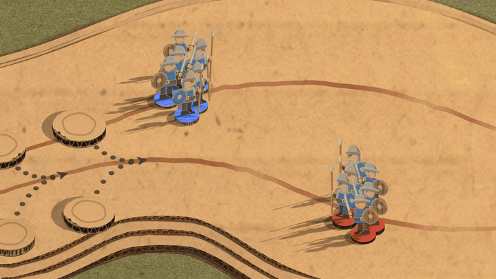 Switcheroo: a blue paper portal swirls open under our squad and an orange one under the enemy squad on the next road, both groups drop into the holes and come up out of the other one, then each marches off down the road it landed on