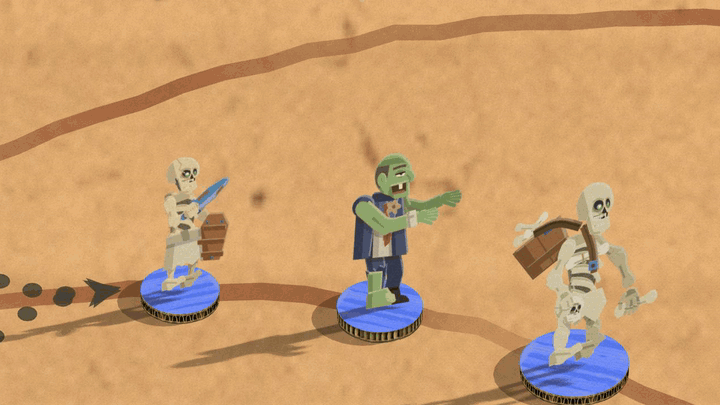 Three undead with Undying take a killing blow one after another: each topples over, a paper gravestone stands up behind it and cracks in two, and its ghost is reeled back down into the body, which stands up again on one hit point