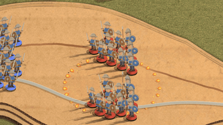 Meteor Storm over a clash on the middle road: meteors streak in and burst as cut-paper flame stars, leaving scorched paper craters on the lanes inside a ring of little flames while the two armies fight at its edge