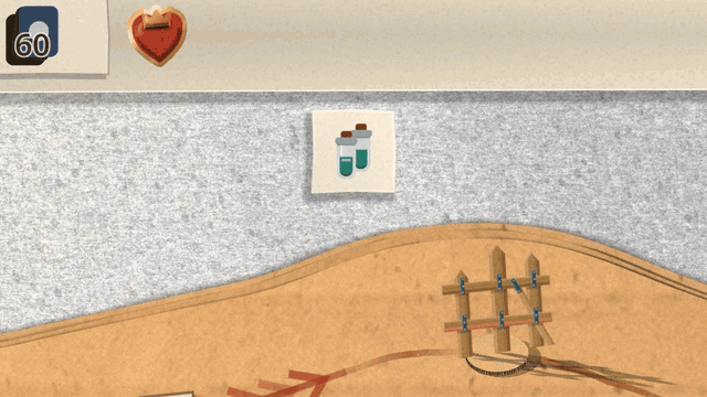 In the Mimic's fight the Mimicry arena badge lifts off the top bar with a cut-paper star and a spray of offcuts, hangs a Mimicry tag on a thread that swings to rest, then the tag lets go and flutters off