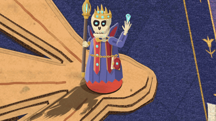 Rex Mortifer brings his staff down in his opening taunt: the board tears open in a cold blue star, a torn teal stain lies at his feet, and two little ghosts are drawn up out of it into the cage on his staff head