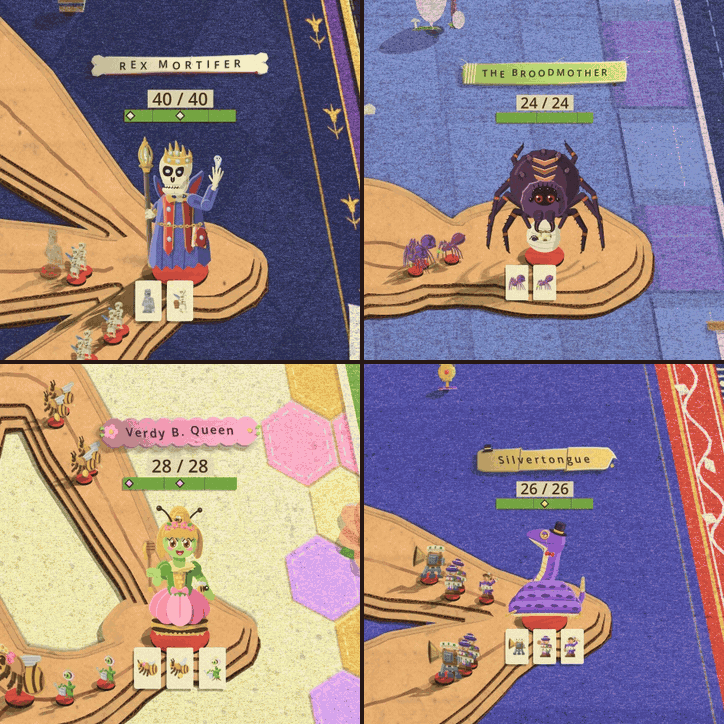 Four more taunts in a two by two grid: Rex Mortifer's line unrolls on a scroll between two rollers, the Broodmother's note is lowered on silk with a spider on it, Verdy B. Queen's is a honeycomb cell with bees, and Silvertongue's is a receipt that flips in and out reading "No no, don't fight, just sign here, and here, and... welcome aboard!"