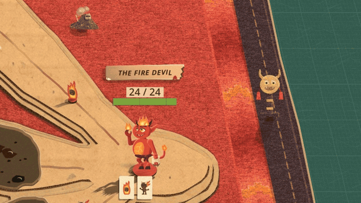 A close look at the Fire Devil's note burning in from his head, hanging with horns and embers round it, then burning away