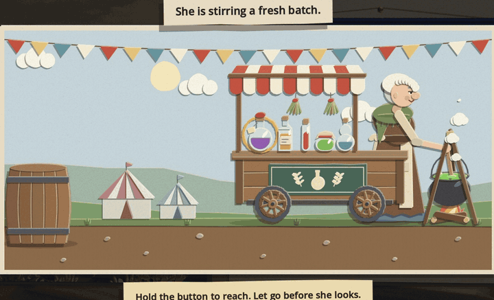 The Poison-Seller's Cart theft: an arm creeps out from behind a barrel towards her stall, holds on through two glances while she keeps stirring, freezes as she turns, then the bottle comes away clean