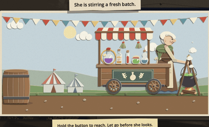 A greedy arm never lets go of the bottle, she turns from her cauldron, and her hand closes on the wrist across the cart