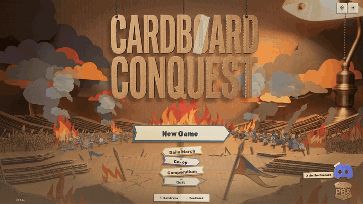 Pressing Co-op: the title screen folds up into a fan, scissors cut a doll from the stack, and four joined paper dolls open across the War Council's table, hop down the line and run off as the council's cards and banner land