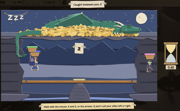 The Sleeping Hoard: four warlords with baskets on their heads step along a plank balanced on a rock spire, catching coins that fall from the dragon's ledge
