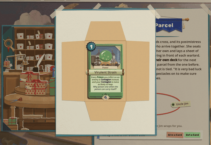 Pass the Parcel: a card is laid on brown paper, wrapped, tied with red string and tagged, then a parcel tagged You is opened to show Praetorians, and the page turns to the record